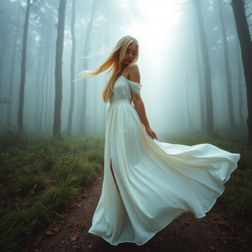 A wide-angle shot of a blonde woman standing on a misty forest path, wearing a flowing white dress. The rich fabric of her skirt billows gently in the wind, while her long blonde hair flows freely in the same breeze. The surrounding forest is enveloped in soft mist, creating a dreamy and ethereal atmosphere. Above her, the sunlight gently breaks through the fog, casting a faint glow over the scene. The woman's serene posture and the soft, natural light create a peaceful and mystical mood.