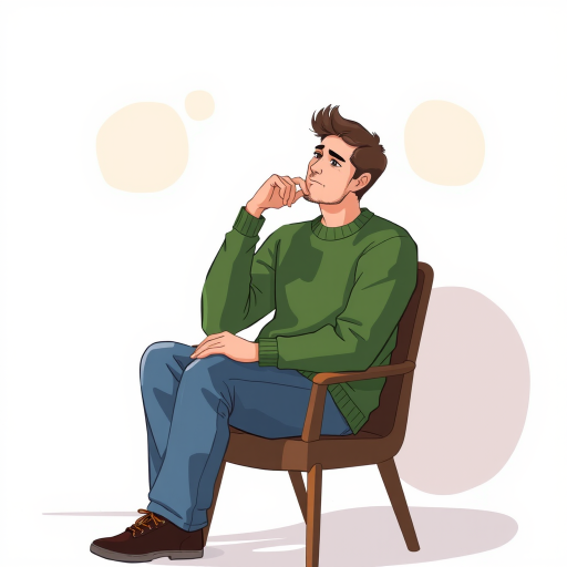 Create an illustration of a thoughtful man sitting on a chair, wearing a green sweater and blue jeans, surrounded by soft abstract shapes, captured with a DSLR camera at f/2.8 aperture, ISO 100, 50mm focal length, in natural light, using a shallow depth of field to enhance focus on the subject while softening the background.