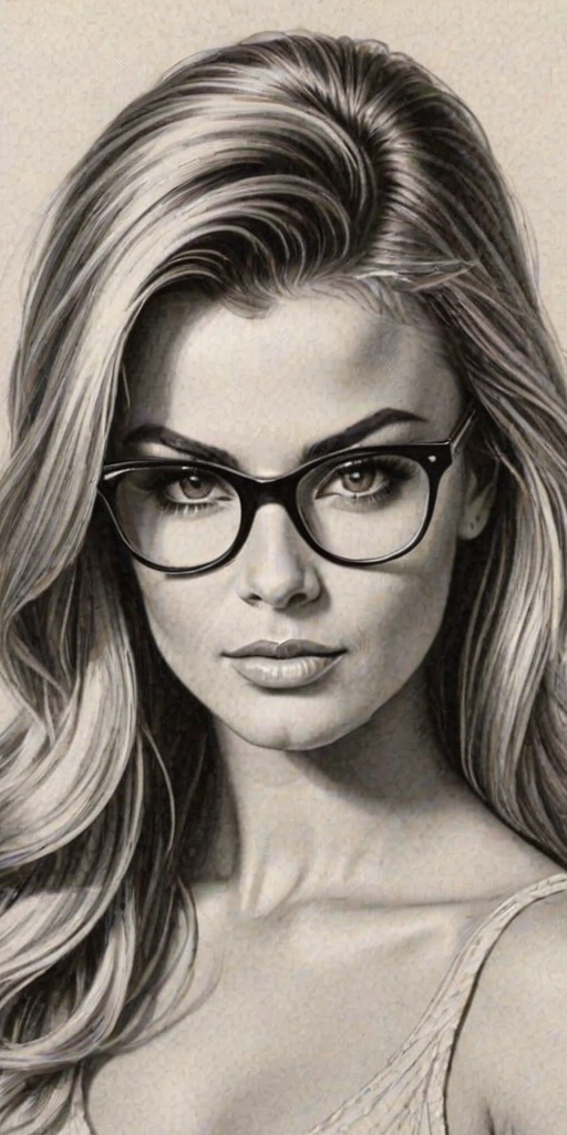 Charming Carmen Electra, pencil sketch, portrait of Dazzling woman 1921s in glasses, hair style beatnik, outline, clear lines, fine lines, 8k