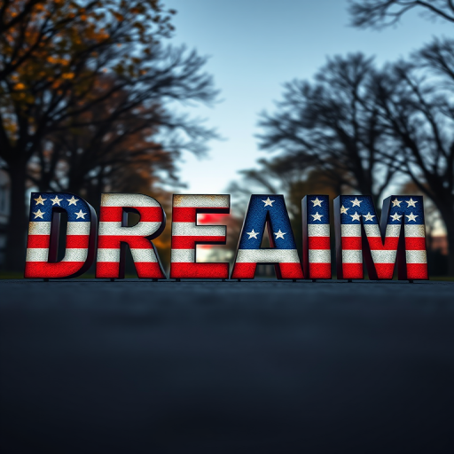 Create an image featuring the word DREAM filled with the American flag design, using a high-resolution DSLR camera, 50mm lens, f/1.8 aperture, shot from a low angle view with natural lighting for vibrant colors and sharp details.