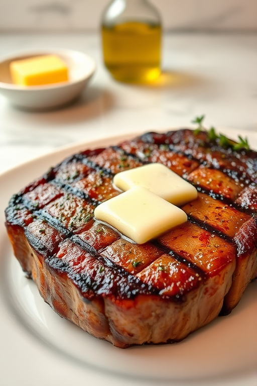 Create an image of a perfectly seared ribeye steak, resting on a white plate with a pat of melting butter on top. The steak is seasoned with fresh herbs like thyme and parsley, with glistening juices highlighting the texture of the meat. The background features a soft focus on a light, marble countertop, with a small dish of butter and an olive oil bottle in the distance. The overall mood should be warm and inviting, capturing the deliciousness and juiciness of the steak.