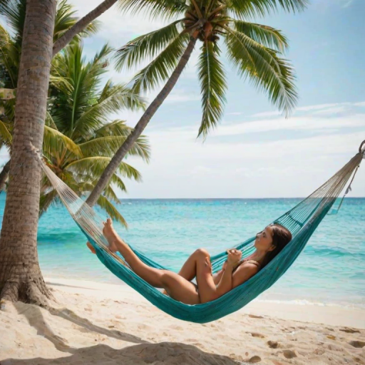 Beautiful tropical beach with palm trees swaying in the breeze, a woman relaxing in a hammock, and turquoise waters sparkling under the sun, creating a paradise-like scene.