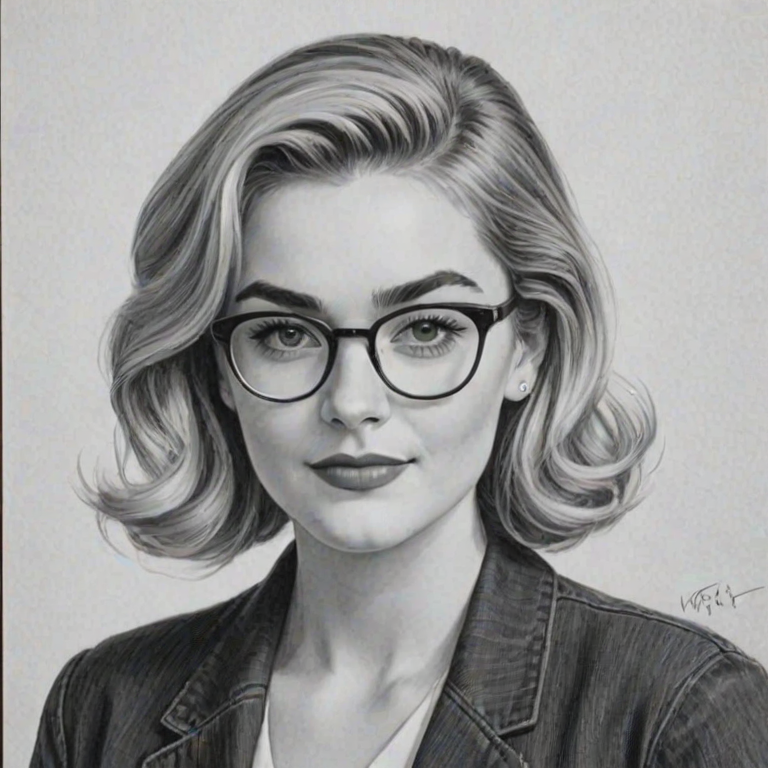 Pleasing Meg Donnelly, pencil sketch, portrait of Delightful woman 1953s in glasses, hair style beatnik, outline, clear lines, fine lines, 8k