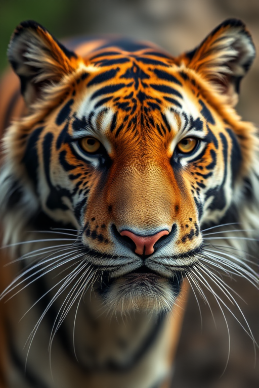 Create a highly detailed and realistic image of a tiger's head, shot in 50mm lens at f/1.8 aperture for shallow depth of field, using a DSLR camera with natural lighting to enhance textures and colors.