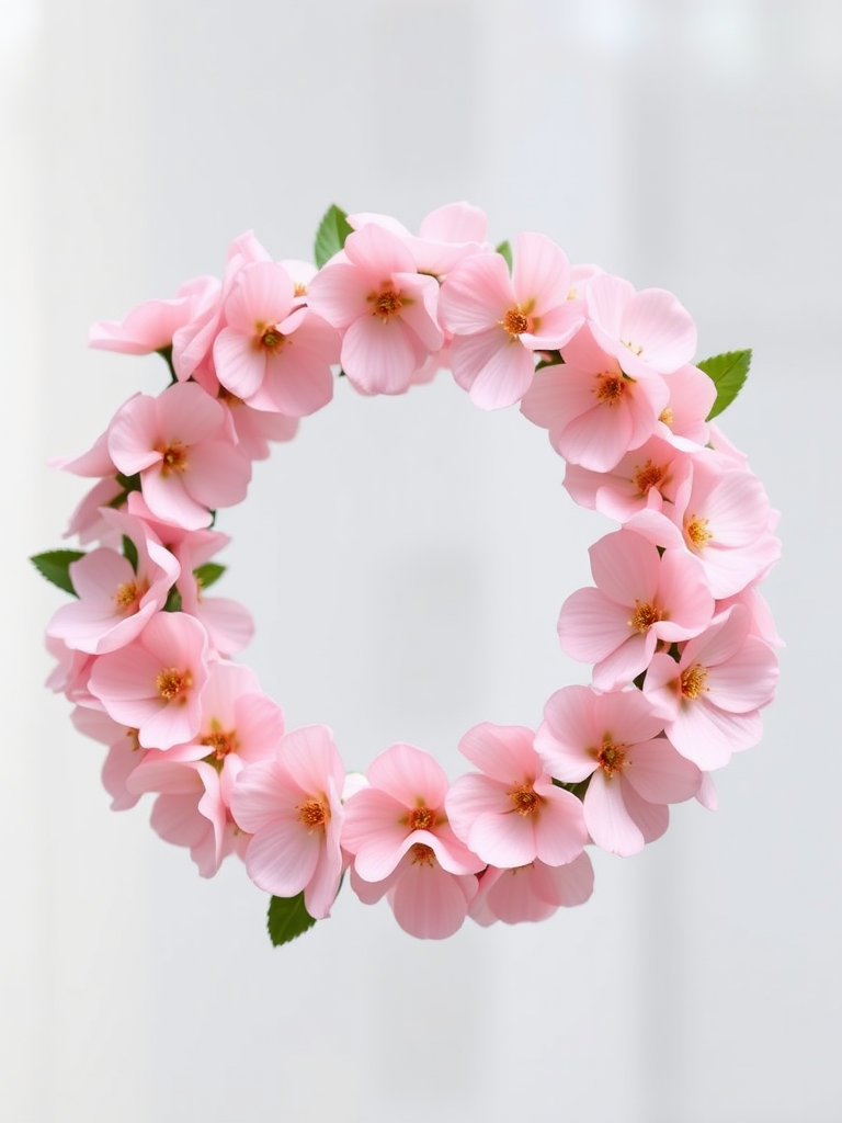 Create a circular floral wreath with soft pink flowers against a transparent background, captured with a DSLR camera at f/2.8 aperture, 50mm lens, and a shallow depth of field for enhanced focus on the flowers.