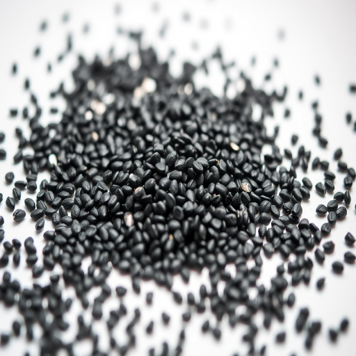 close-up shot of a pile of small black seeds scattered on a white surface, natural light, f/4, ISO 100, 50mm lens, DSLR camera, shallow depth of field
