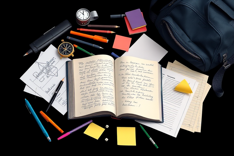 create a high-resolution illustration of a scattered study scene featuring an open book with handwritten notes, papers, a compass, pens, a pencil, sticky notes, and a backpack, using a DSLR camera in macro mode with a 50mm lens at f/2.8, ISO 100, and natural lighting for a vibrant and detailed composition on a black background