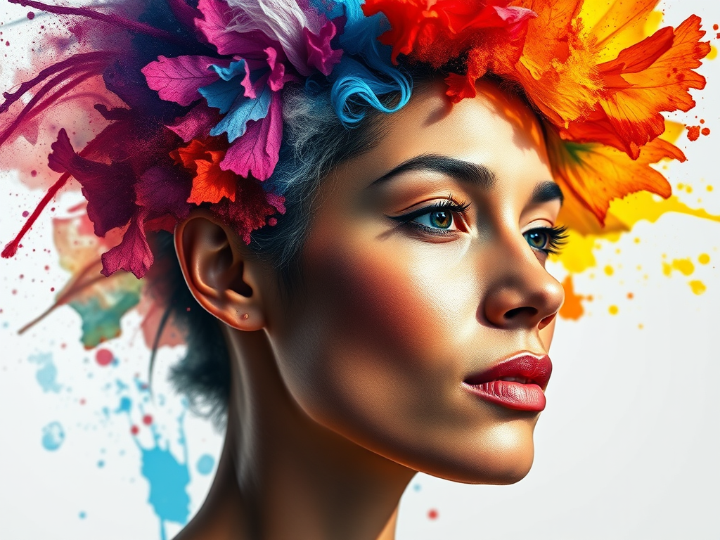 Create a high-resolution watercolor portrait of a woman with an explosion of color and texture surrounding her head, captured with a Canon EOS R5, 50mm lens, f/1.8 aperture, ISO 100, in natural light for enhanced details and vibrant hues.