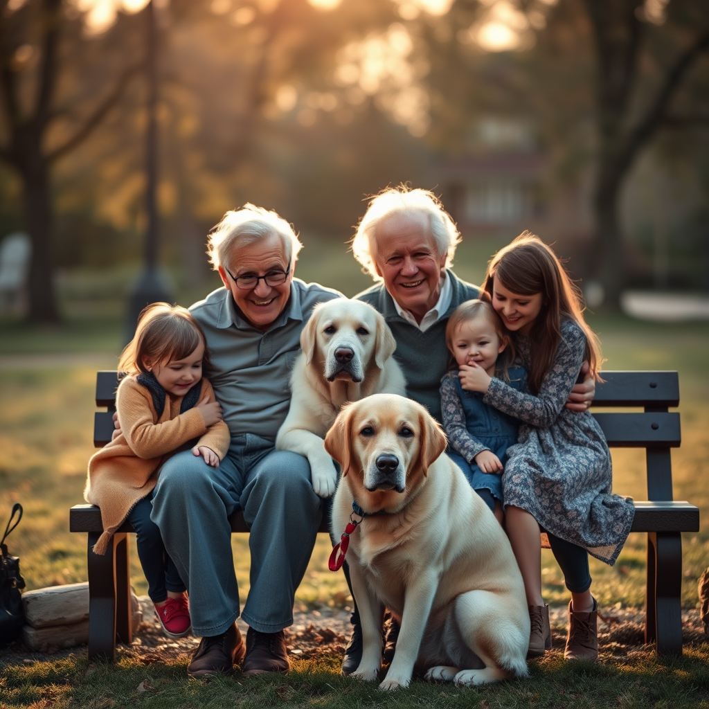 Capture a heartwarming scene of an elderly couple sitting on a bench surrounded by grandchildren and a golden retriever, in soft, diffused natural light during golden hour, using a Canon EOS R5 with a 50mm f/1.8 lens, aperture set to f/2.8, ISO 400, shutter speed 1/200s, with a shallow depth of field for a dreamy, cinematic effect.