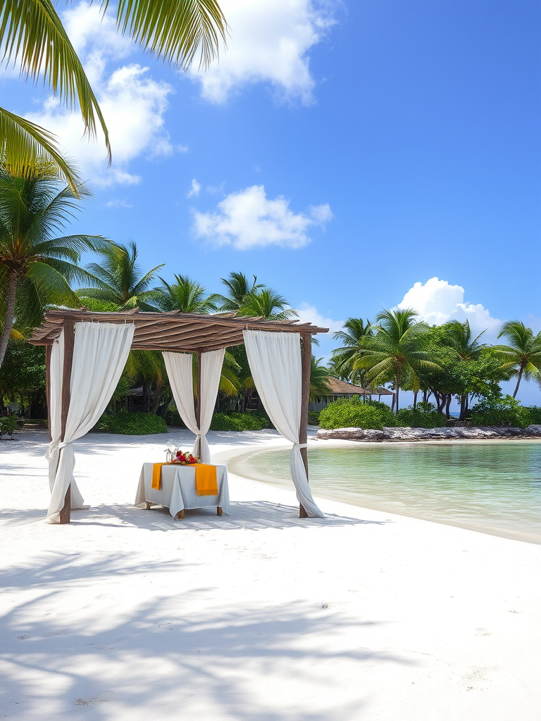 Create a picturesque tropical beach scene featuring a serene, white sandy shore. In the foreground, there's a rustic wooden canopy with white drapes gently flowing in the breeze. Underneath the canopy, a table is set with tropical decor, evoking a sense of relaxation and leisure. The beach extends into a calm, shallow water area with reflections of the sky and surroundings. Palm trees and lush greenery line the edge of the beach, providing a natural, tropical backdrop. The sky is clear with a few scattered clouds, and the overall atmosphere is tranquil and inviting, perfect for a peaceful retreat.