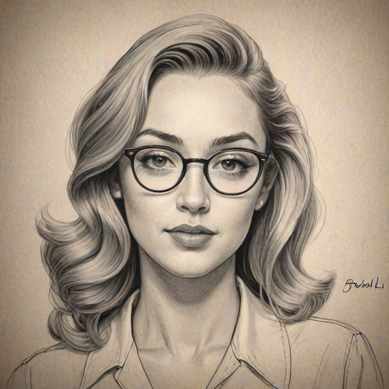 Resplendent Brandi Cyrus, pencil sketch, portrait of Gorgeous woman 1946s in glasses, hair style beatnik, outline, clear lines, fine lines, 8k
