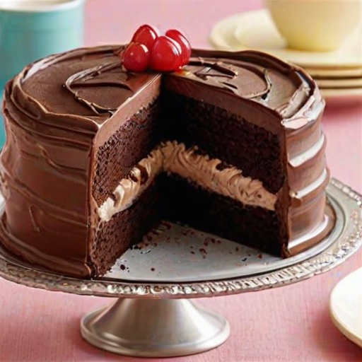 Generate an image of a rich chocolate layer cake with multiple layers of dark chocolate and creamy filling. The top should be glossy with chocolate ganache and adorned with whipped cream and chocolate chips. The cake should look indulgent and tempting, showcasing its moist texture and layers.