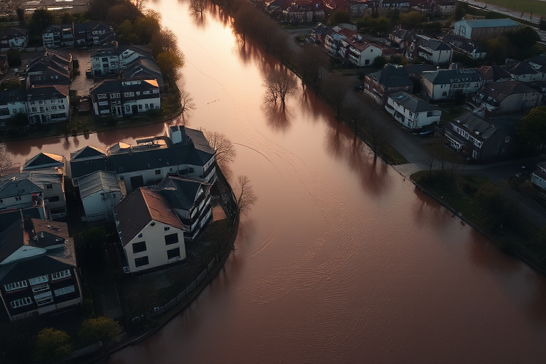 aerial view of a flooded urban area with brown water flowing through the landscape, showing houses and trees along the riverbanks, taken at golden hour, camera settings: f/8, ISO 100, 1/250 sec, drone photography, high-resolution detail
