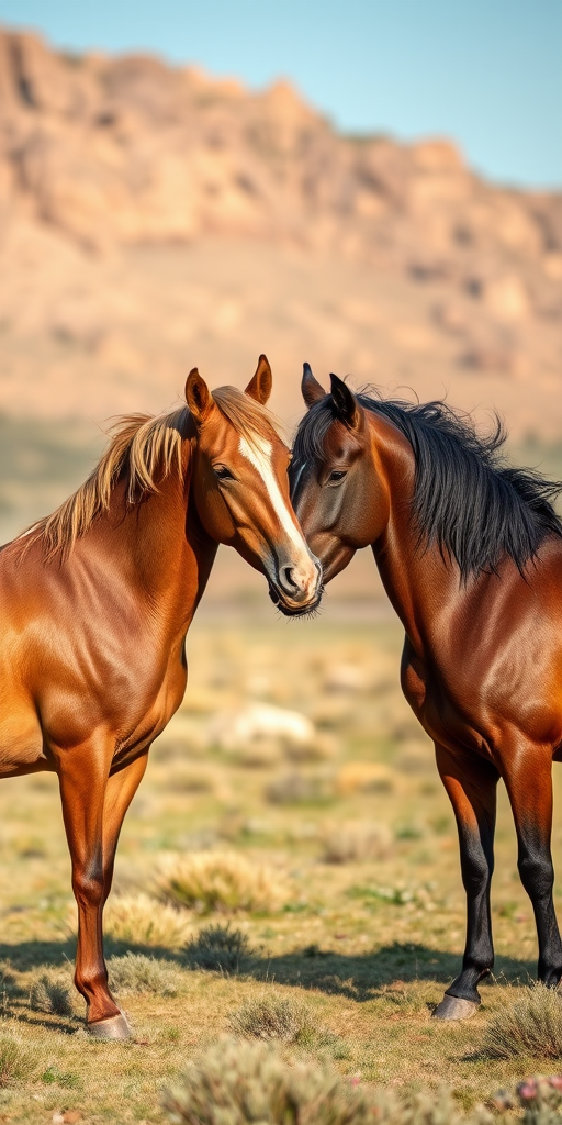 capture two horses playfully nuzzling in a vast open field with rocky hills in the background, using a DSLR camera with a 50mm lens, aperture f/2.8, ISO 200, shutter speed 1/500s, in natural light for soft shadows and enhanced texture detail.