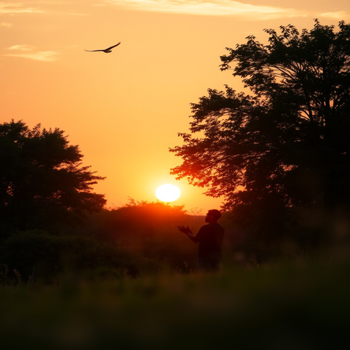 A serene landscape during sunset with a person in silhouette praying, surrounded by lush trees and a golden sky, a bird flying above, captured with a Canon EOS R5, 50mm lens, aperture f/1.8, ISO 100, natural lighting, soft focus background, HDR effect.