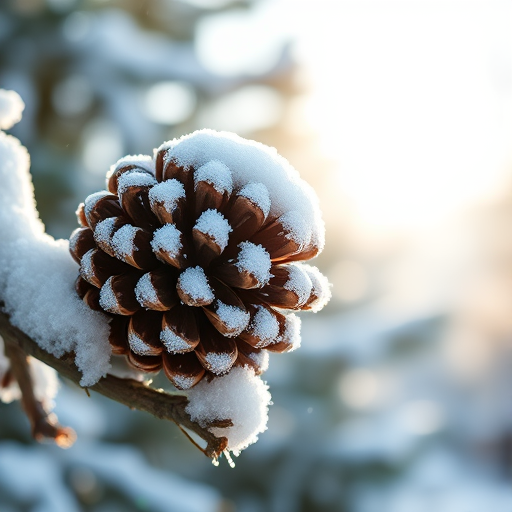 Sharp, high-resolution close-up of a snow-covered pinecone resting on a branch, soft sunlight filtering through the trees, tiny snowflakes sparkling in the light, and the crisp, cold air of winter.