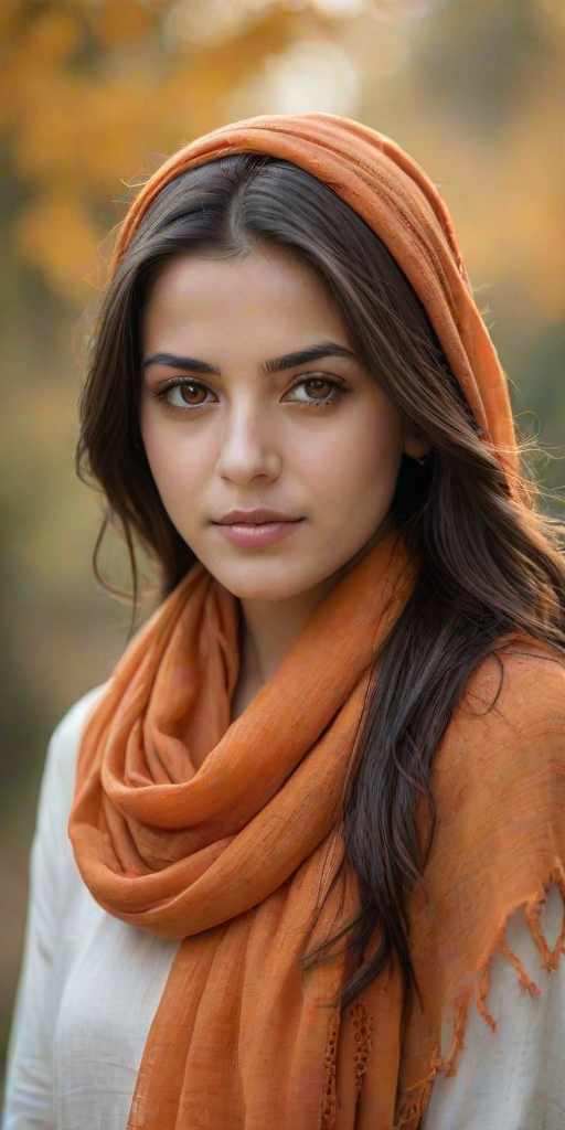 Create a portrait of a young Turkish female with long, dark hair and captivating hazel eyes. She is wearing a orange headscarf and a matching scarf draped gracefully around her neck. The background is softly blurred, focusing attention on her serene and natural expression. The overall color palette is muted and warm, enhancing the intimate and authentic feel of the portrait.