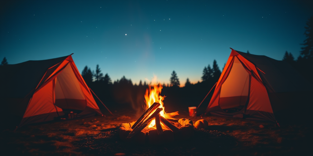 Soft-focus image of a cozy campsite at dusk, with a crackling fire in the center, soft shadows dancing around tents, and stars just beginning to twinkle overhead.