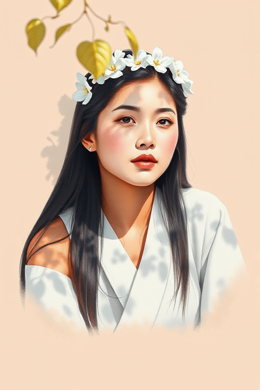 create a watercolor painting of an ethereal portrait of beautiful Tibetan woman with a simple white flower crown on her head. Her hair is long and she is lying on the ground. The sunlight on the trees casts shadows from the leaves on her face and body. The background is a neutral brown color that matches her skin tone. The image is minimalist and solid colors. This style is characterized by soft, delicate brushstrokes and a light, airy, contrasting color palette. High level of detail and play of light