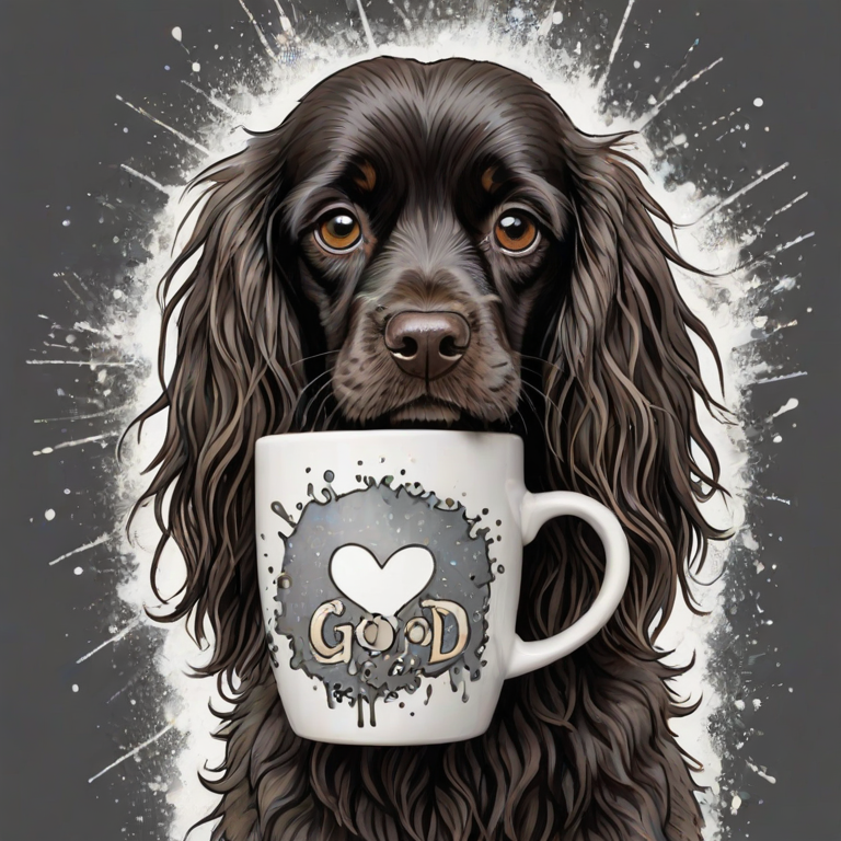 A quirky, artistic illustration of a disheveled field spaniel dog breed with exaggerated, large eyes and spiky fur, holding a coffee mug that reads "Good Morning". The dog has a tired but humorous expression, with ink splatters and abstract details surrounding it, giving a whimsical feel to the image. The color palette is mostly monochrome with hints of black in the eyes and steam rising from the mug, enhancing the overall sleepy vibe