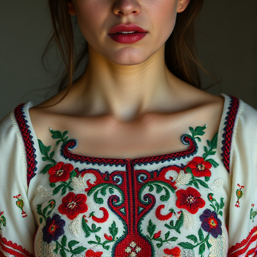 Face, shoulders, chest covered in openwork Ukrainian embroidery. Raw, unedited image.