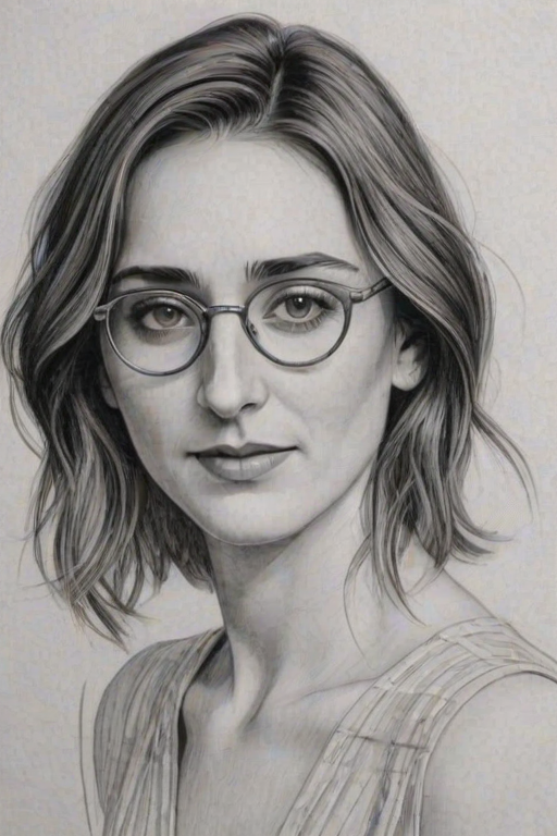Attractive Sara Bareilles, pencil sketch, portrait of Ravishing woman 1929s in glasses, hair style beatnik, outline, clear lines, fine lines, 8k