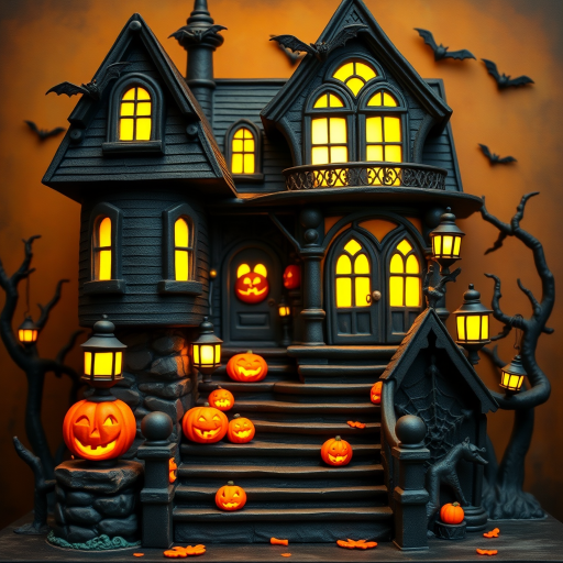 airbrushed oil painting, halloween theme, a haunted house, stairs, highly decorated, illuminated, lanterns, jack o'lantern, bats, webcobs