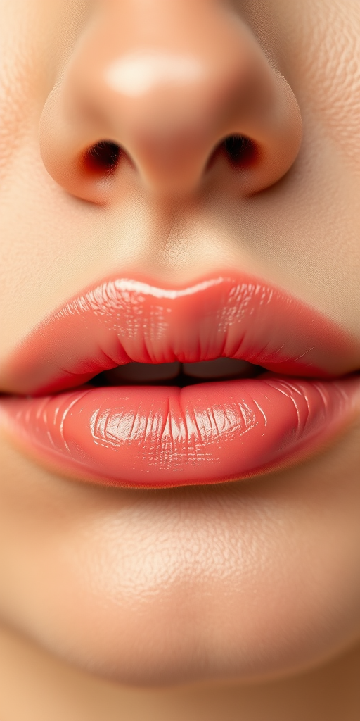 Romantic woman lips with a soft peach tinted lip balm, dewy and fresh, subtly enhancing natural lip color, embodying youthful radiance