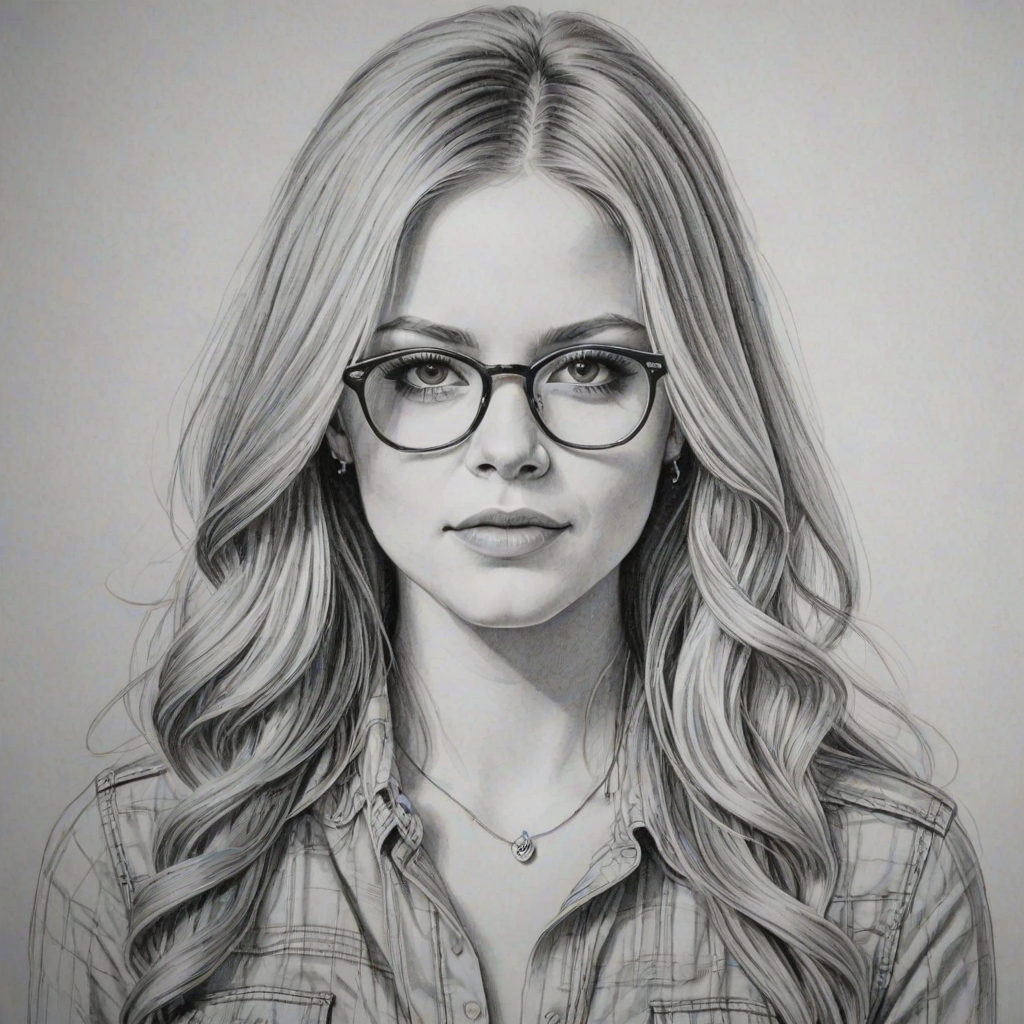 Exquisite Avril Lavigne, pencil sketch, portrait of Enchanting woman 1939s in glasses, hair style beatnik, outline, clear lines, fine lines, 8k