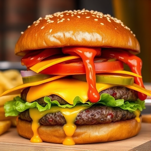 High-resolution, close-up image of a gourmet double cheeseburger. The burger features a glossy, sesame-seed-topped brioche bun. Inside, there are two thick, juicy beef patties, each topped with melted cheddar cheese. The burger is garnished with fresh lettuce, tomato slices, diced onions, and pickles. A generous amount of ketchup and a creamy, orange-colored sauce is dripping down the sides, adding to the mouth-watering appeal. In the background, there are blurred elements including a side of golden French fries and a hint of a beverage, enhancing the overall presentation of a delicious meal.