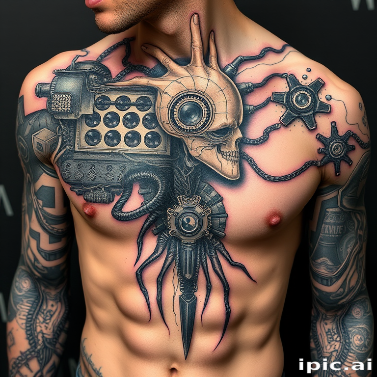 Biomechanical tattoo titled "Cybernetic Awakening" featuring a fusion of organic forms and mechanical components, showcasing hyper-realistic metal textures and exposed circuitry beneath torn skin