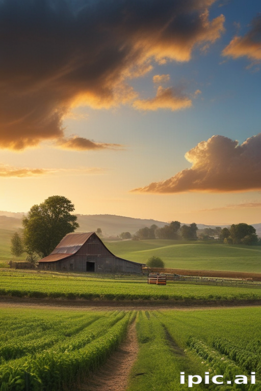 Serene Sunset Over a Rustic Barn Surrounded by Lush Green Fields