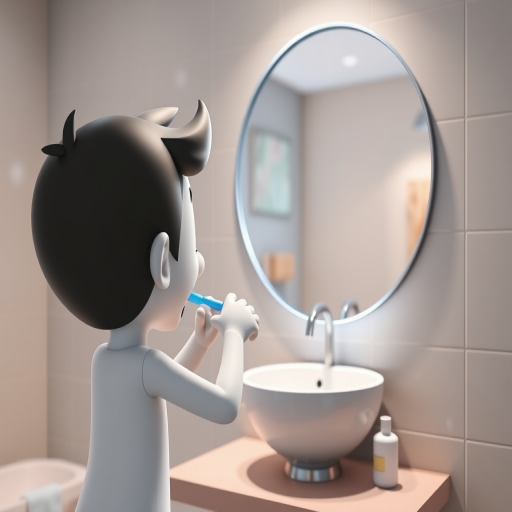 3D animated character brushing teeth in front of a modern round mirror above a sink, well-lit bathroom setting, high-resolution, 50mm lens, f/2.8 aperture, ISO 200, soft focus background, 3-point lighting setup.
