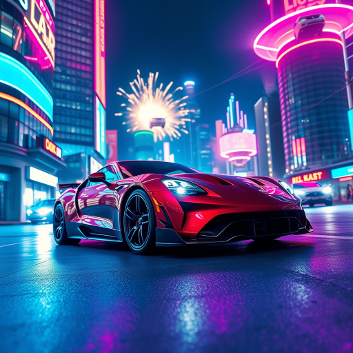 Generate a futuristic neon cityscape with a sleek sports car in the foreground, vibrant colors, dramatic lighting, and an explosive background featuring hovering cars, using a DSLR camera with a 35mm lens, f/1.8 aperture, 1/60s shutter speed, ISO 200, and a low angle perspective for enhanced depth.