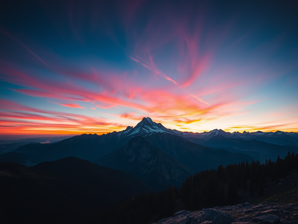 Create an image of a serene mountain landscape during sunset with vibrant colors in the sky, captured with a Canon EOS R5, 24mm lens, f/8 aperture, ISO 100, 1/125 second exposure, wide-angle view, high dynamic range.