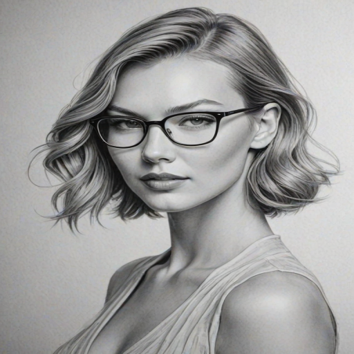 Elegant Karlie Kloss, pencil sketch, portrait of Captivating woman 1952s in glasses, hair style beatnik, outline, clear lines, fine lines, 8k