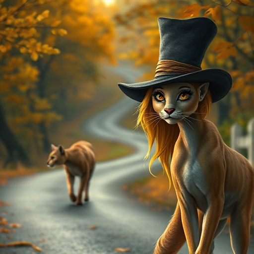 digital art fantasy depicting a strange girl with Yellow hair, long eyelashes, black lipstick and a tall hat walking along a winding road on an autumn afternoon, an Puma smiles as she passes
