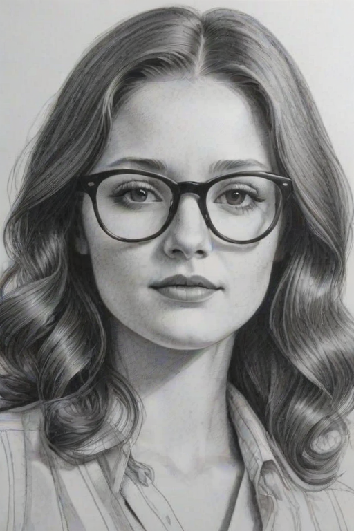 Dazzling Emma Kenney, pencil sketch, portrait of Sublime woman 1979s in glasses, hair style beatnik, outline, clear lines, fine lines, 8k