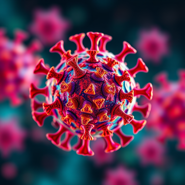 generate a vivid, high-resolution 3D illustration of an abstract virus-like structure with vibrant colors, using a Canon EOS R5 camera, 50mm lens, f/1.8 aperture, ISO 100, soft focus background, and dramatic lighting to enhance depth and detail.