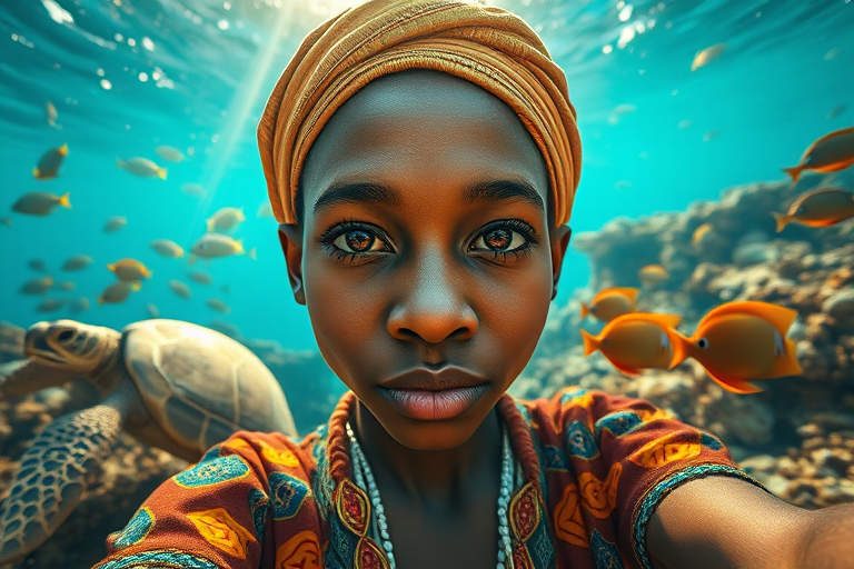 Realistic selfie image of a Oromo, wearing a vintage outfit, detailed dreamy eyes, droopy hooded eyes, staring at the camera, taken underwater at coral reef with a sunbeam filtering through the water, vibrant, summer vacation, natural lighting, turtle and school of tropical fish with vibrant colors, rendered in the style of CryEngine, Pegi Nicol MacLeod, with realistic genre scenes, hauntingly beautiful narratives, ultra-realism, and Thomas Saliot's close-up technique, 8K resolution, crystal clear and sparkling water.
