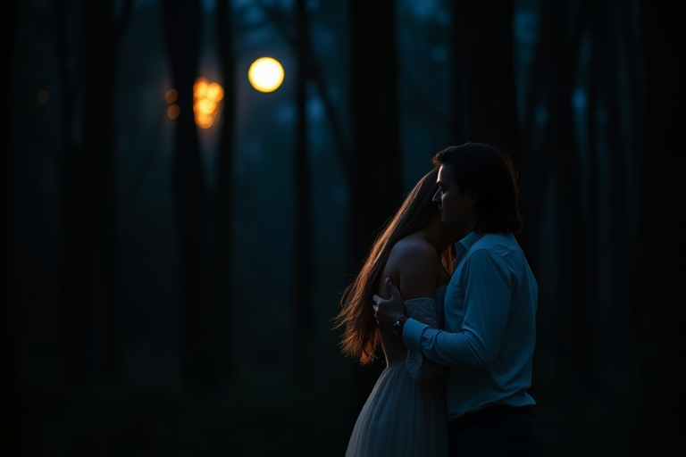 Create a romantic scene of a couple embracing in a moonlit forest with a full moon in the background, using a DSLR camera with a 50mm lens, f/1.8 aperture, ISO 100, and a soft focus style to enhance the ethereal quality of the image.