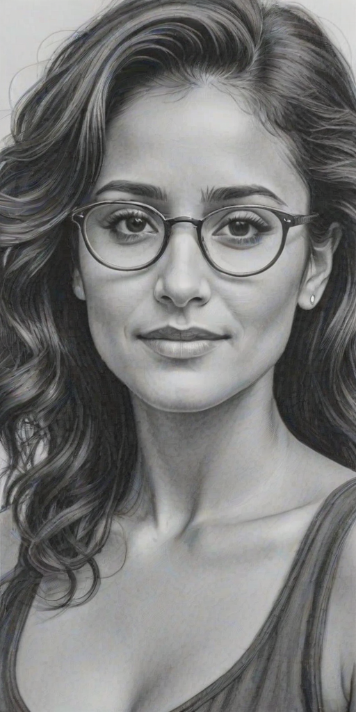 Bewitching Emmanuelle Chriqui, pencil sketch, portrait of Graceful woman 1951s in glasses, hair style beatnik, outline, clear lines, fine lines, 8k