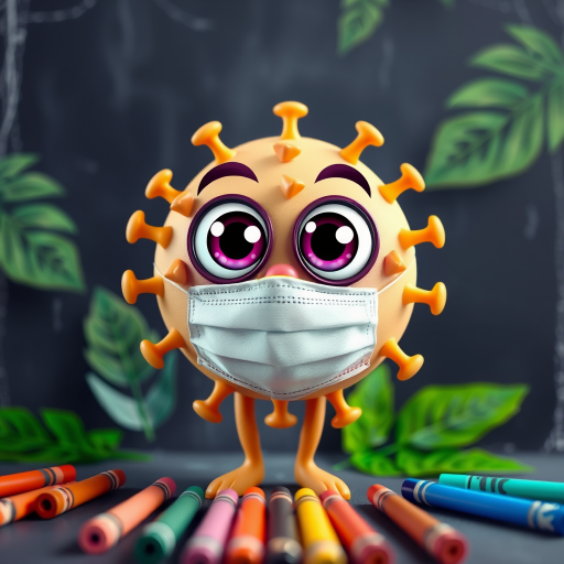 Create a vibrant cartoon virus character with oversized eyes and a smiling face wearing a mask on a chalkboard background, surrounded by tropical leaves and colorful crayons, shot with a DSLR camera at f/2.8, shutter speed 1/60, ISO 200, in a shallow depth of field for enhanced focus.