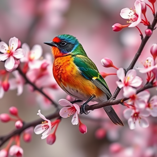 A colorful bird perched on a blooming cherry blossom branch, captured with a DSLR camera at f/2.8 aperture, 1/250s shutter speed, ISO 200, in natural light, using a macro lens to enhance detail and vibrancy.