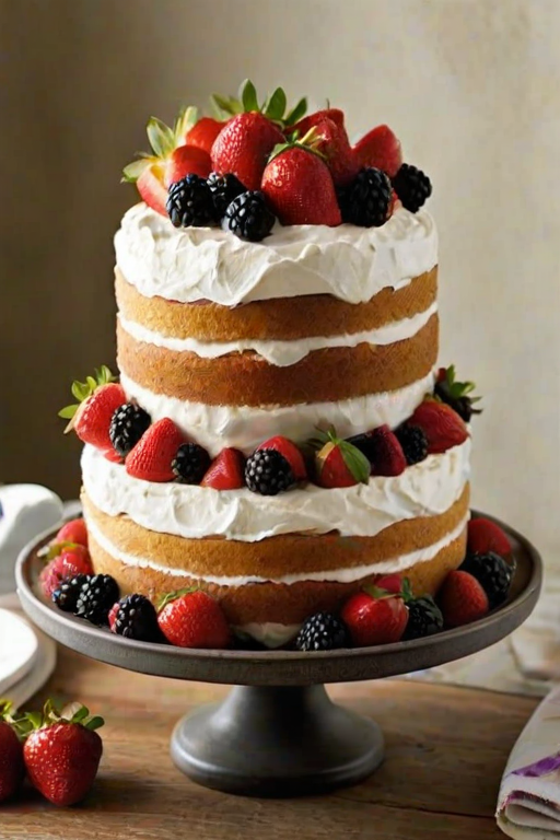 Create an image of a layered cake with three tiers. The cake should have a light sponge texture, filled and topped with fluffy whipped cream. Decorate the top generously with fresh strawberries, blackberries, and edible flowers. The background should be simple and rustic, enhancing the cake's vibrant colors.