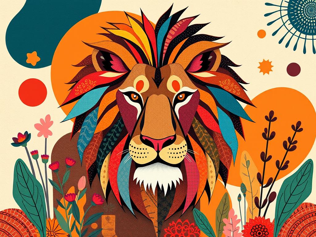Create a vibrant illustration of a stylized lion with a patchwork design, surrounded by various abstract shapes and plants, using vibrant earth tones and textured patterns, captured with a DSLR camera at aperture f/5.6, ISO 200, and a focal length of 35mm, in a flat lay style for enhanced clarity and detail.