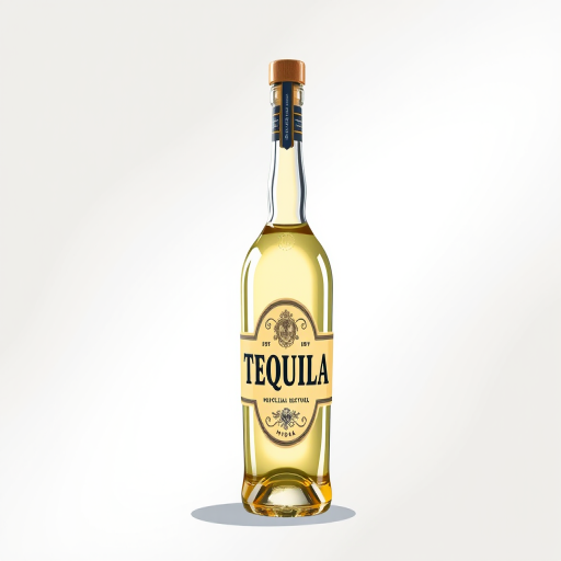 Generate an illustration of a tequila bottle with a transparent neck and a label reading "TEQUILA" in bold letters, using a DSLR camera with a 50mm lens, ISO 100, f/2.8 aperture, shot in a studio environment with diffused lighting for a high-quality result.
