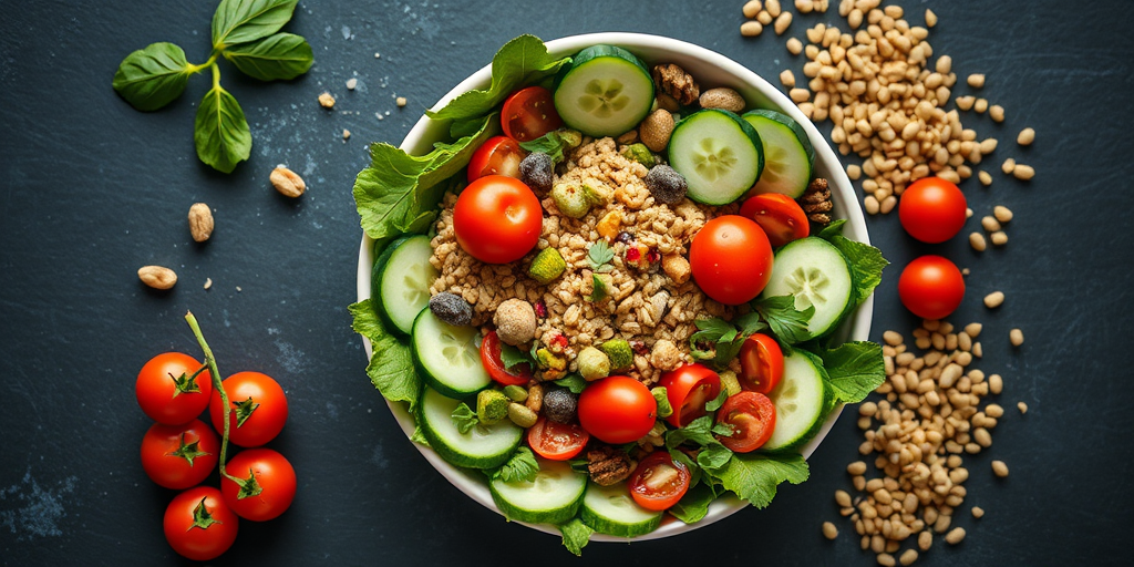 create a vibrant flat lay of a colorful salad bowl filled with fresh vegetables including cherry tomatoes, cucumbers, assorted greens, legumes, and grains, captured with a Canon EOS R5, 50mm lens, f/2.8 aperture, ISO 100, in natural light, focusing on the textures and colors of the ingredients against a dark slate background