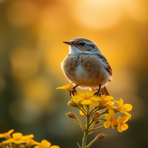 Capture a close-up of a bird perched on vibrant yellow flowers with a blurred background using a DSLR camera set to f/2.8 aperture, 1/500 shutter speed, ISO 200, in natural light during golden hour.