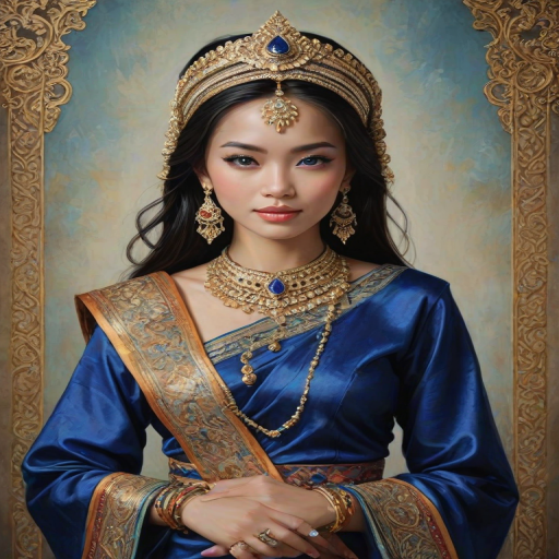 Create a portrait of a beautiful Thai woman with striking blue eyes and a gentle expression. She is adorned in traditional attire with intricate patterns, including a richly embroidered headscarf and matching garments. Her jewelry includes a delicate headpiece, dangling earrings, and ornate bracelets, all featuring vibrant gemstones and detailed metalwork. The background is soft and warm, enhancing the rich colors of her outfit and jewelry.